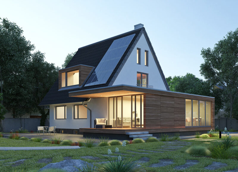 Dobudowana część domu z oknami