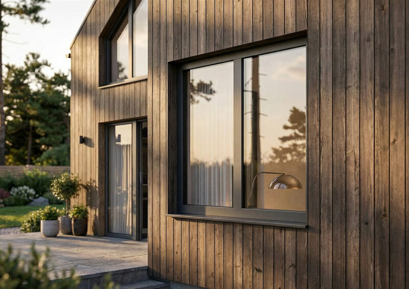 Dom z drewnianą elewacją i oknami Miru Hidden w kolorze Grau Grunge