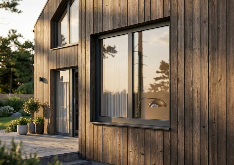 Drewniana elewacja domu z oknami Miru Evo Hidden - Aluhaus