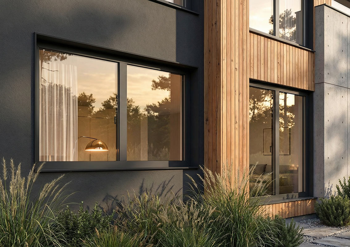Grafitowa elewacja domu z oknami Miru Evo Hidden - Aluhaus
