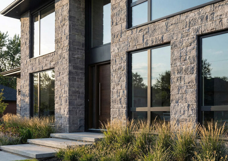 Kamienna elewacja z oknami Miru Evo Hidden - Aluhaus