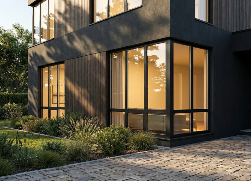 Elewacja z czarnymi oknami